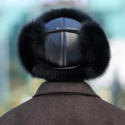 Men's Real Fox Fur Hat Russian Trapper Hat Ushanka Cossack Real Leather Ski Cap - Picture 3 of 11