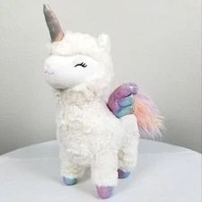 Kellytoy Magical White Fluffy Alpaca Llama Winged Unicorn Pegasus Plushie Toy