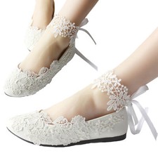 White Ivory Lace Pearl Wedding shoes Bridal bridesmades flats ankle straps pump