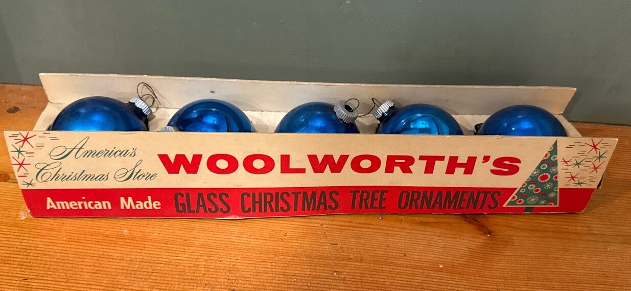 Vintage WOOLWORTH'S Glass Ornament Box SHINY BRITE 5 Blue Ornaments eBay