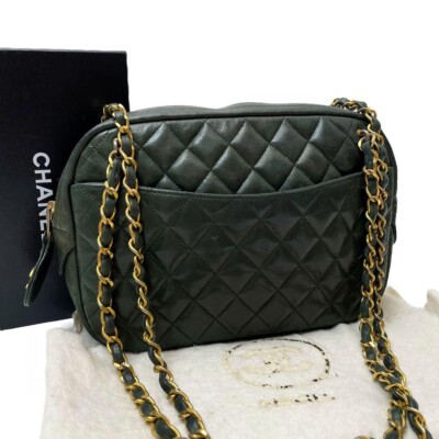 Chanel Matelasse Lambskin Chain Shoulder Bag Coco Mark Green