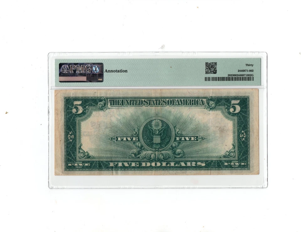 1923 $5 Silver Certificate "Porthole" Note.Fr-282 PMG-30 - Image 2 of 2
