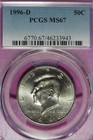 1996 D PCGS MS67 KENNEDY HALF DOLLAR #B52338 — photo 1