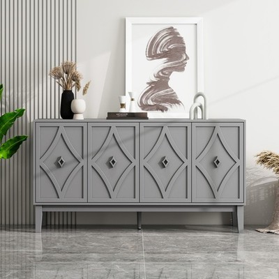 Vintage Black Oak Sideboard Cabinet with Hand-Carved Doors & Adjustable Shelves