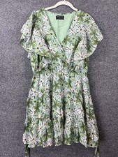 MINKPINK Floral Mini Dress Women’s L Green V-Neck Ruffle Sleeve Tiered Boho