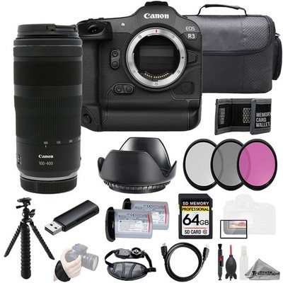 Canon EOS R3 + RF 100-400mm f/5.6-8 IS USM Lens+64GB+Ext Bat+3PC Filter-Kit