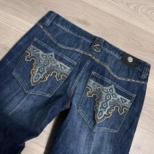 Y2K Antik Denik Embroidered Button Fly Baggy Loose Straight Blue Denim Jeans