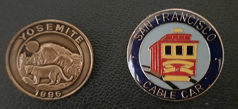 2 Souvenir Pinback Lapel Pins from California: Yosemite, San Francisco Streetcar