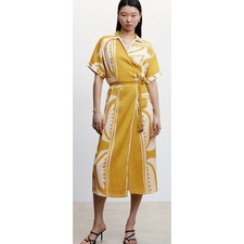 Mango V Neck Abstract Printed Shirt Midi Dress Belted Women's 8