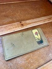 Handmade Mustard  Olive Green Leather w Stamped Dragonfly w Orange Flowers Chec