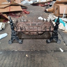 Vintage English Fireplace Set Cast Iron, Fire Basket, Andirons, Mid Century