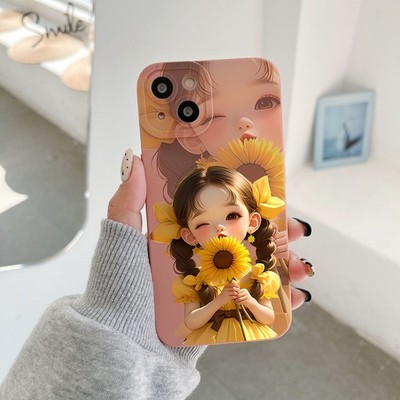 Soft TPU Case Cute Sunflower Girl For iPhone 11 12 13 14 15 16 17 Pro Max Plus