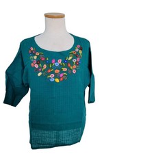 New Guatemalan Embroidered Woven Folk Art Blouse Teal Small Craftcore Prairie