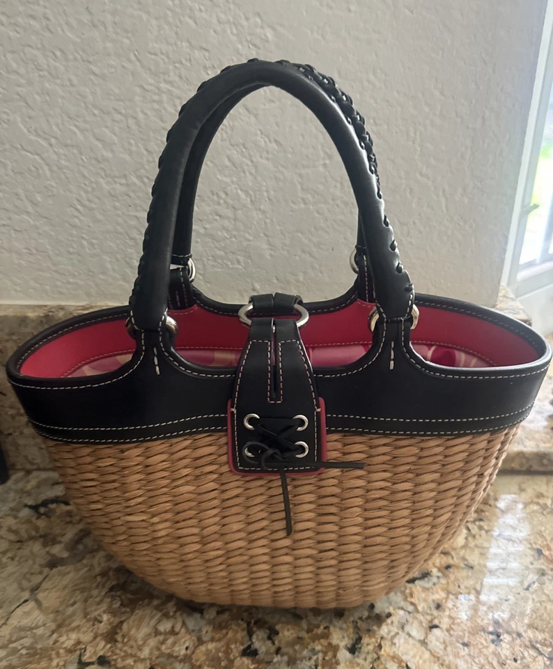Bolso de Mano COACH De Colección Mariposa Paja con Borde de Cuero Negro Bolso Tejido L3K-6270 Foto 2 de 4