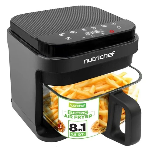Nutrichef 5.8 Quart Air Fryer - 8-1 Preset Cook Modes - Grey