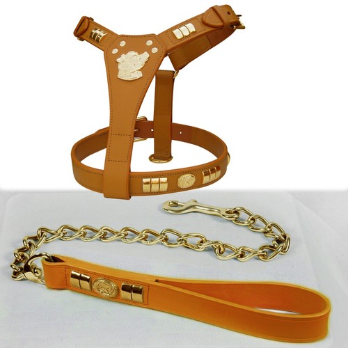 LEATHER DOG HARNESS (DOG MOTIFF) & CHAIN LEAD COMBINE SET, ALL BRASS FITTINGS - Picture 5 of 12
