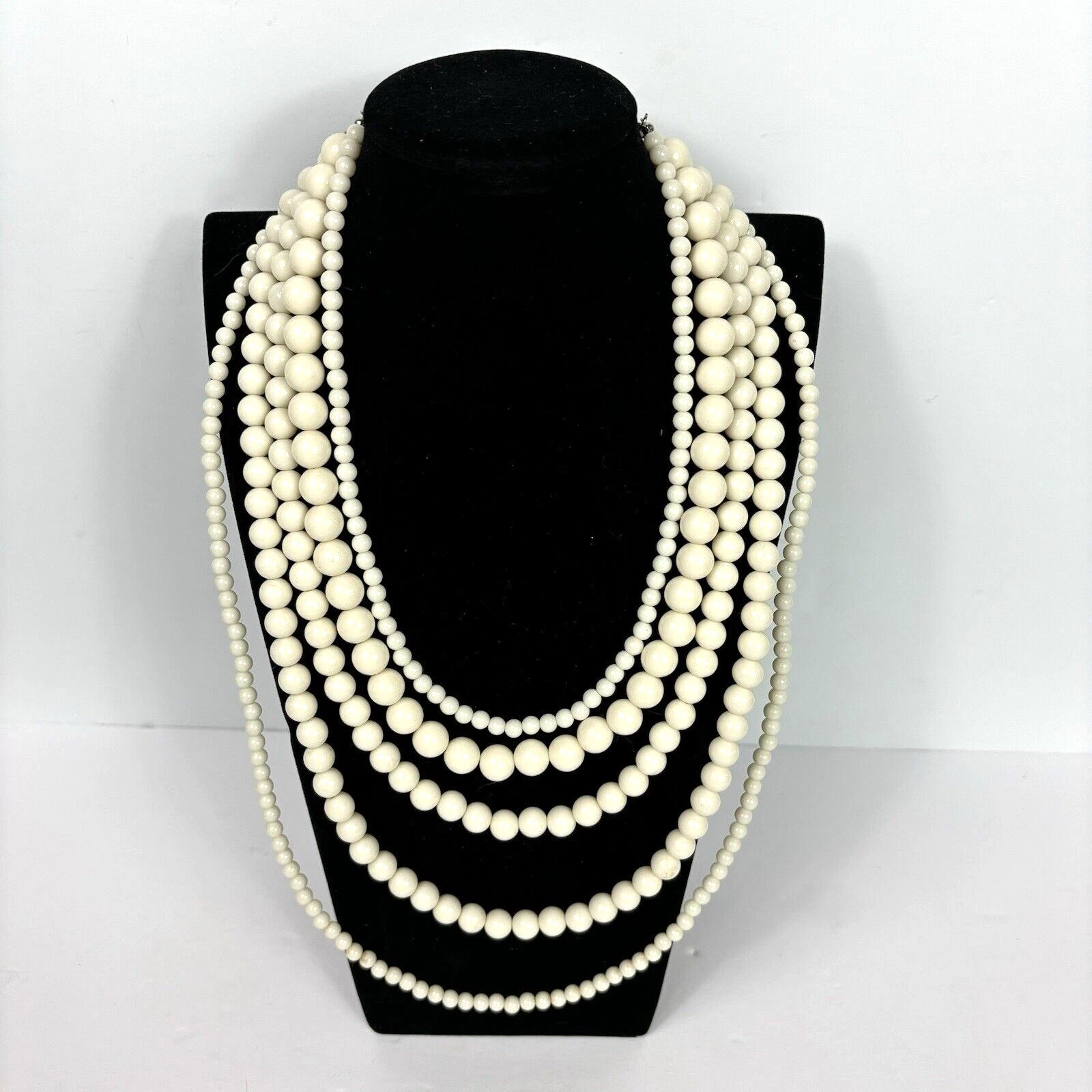 VETEMENTS Collana Vintage Bellissima Perline Bianco Panna Stratificato Dichiarazione 5 Fili Plastica