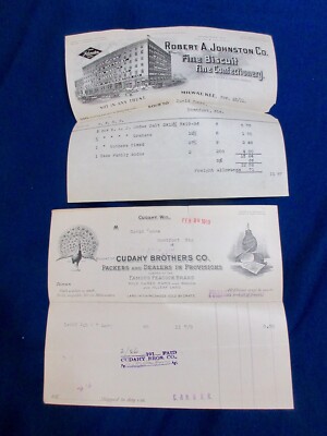 TWO 1911 ilust BILLHEADS MILWAUKEE CUDHAY PACKERS ROBERT JOHNSON BISCUIT  7X8''#6