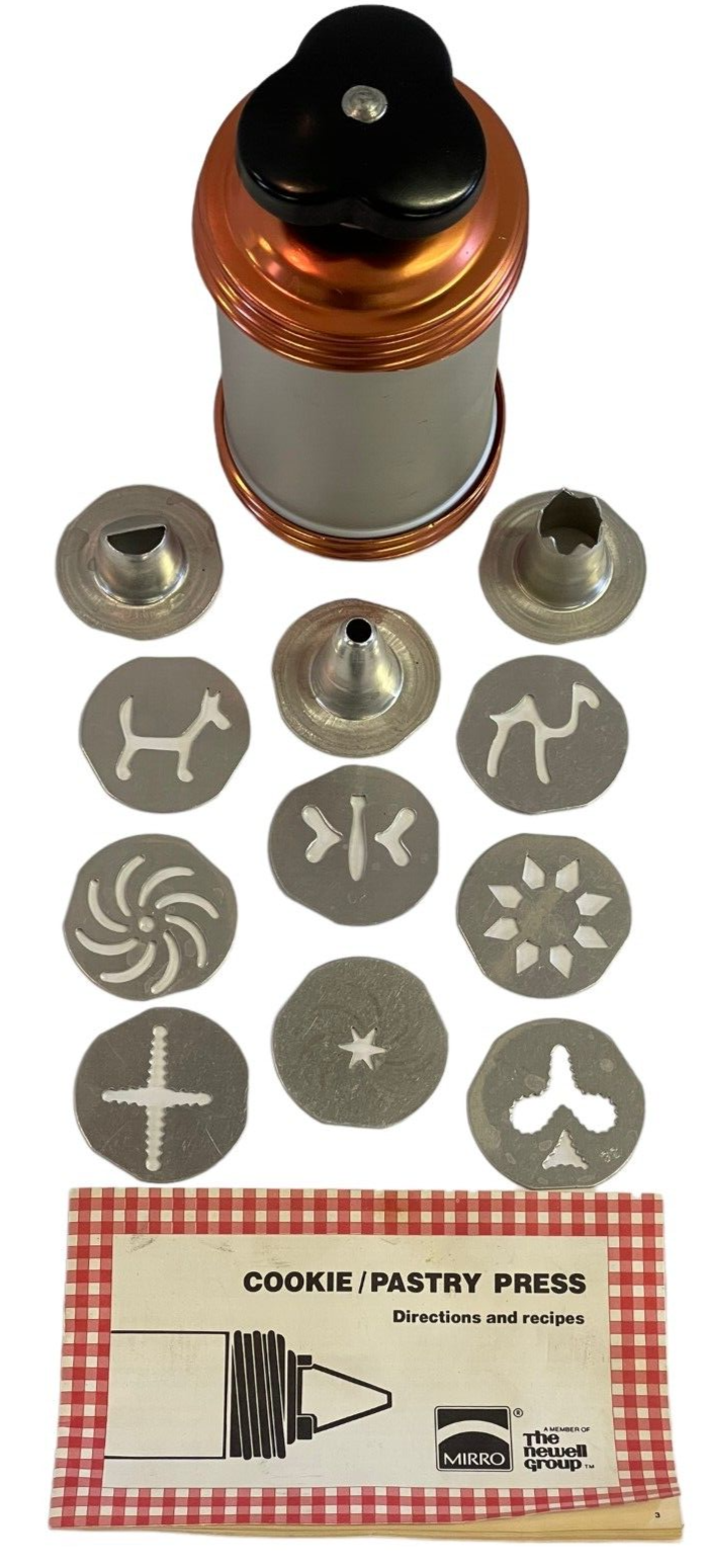 Vintage MIRRO Cookie & Pastry Press 3 Pastry Tips and 8 Cookie Plates