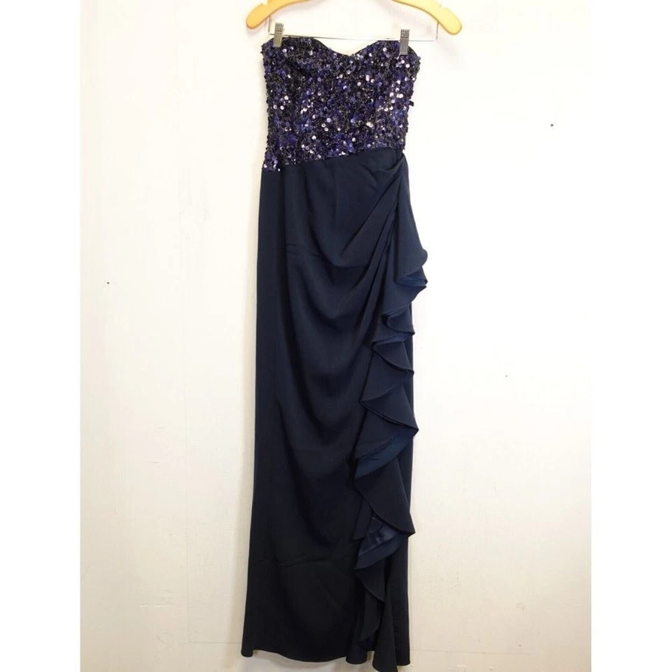 Badgley Mischka Dress 0 XS Maxi Long Blue Navy Gown Sequin Ruffle Drape Evening - Image 2 of 4