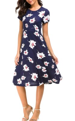 Urban CoCo Women's Medium Floral Print Short Sleeve Flared Midi Dress