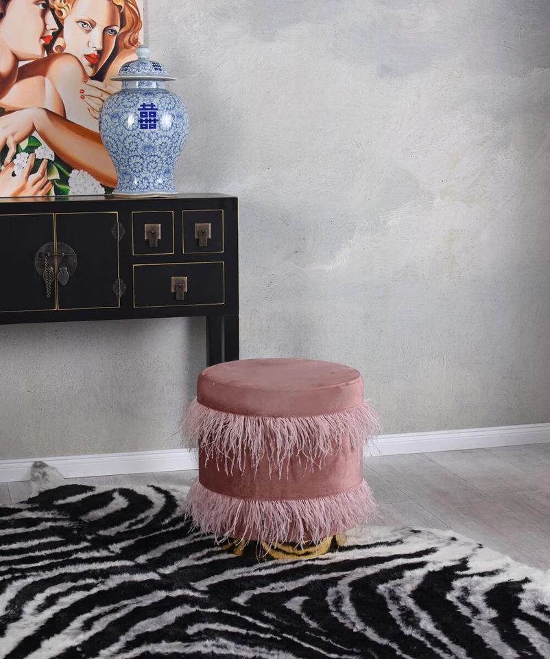 Samt Hocker Straussenfeder Pouf Sitzhocker Sitzwürfel Art Deco Bank Metallring - Bild 3 von 4