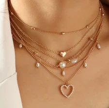 Multi-Layered Gold Link Chain Pearl & Heart 6 Layer Necklace - Elegant, Gift