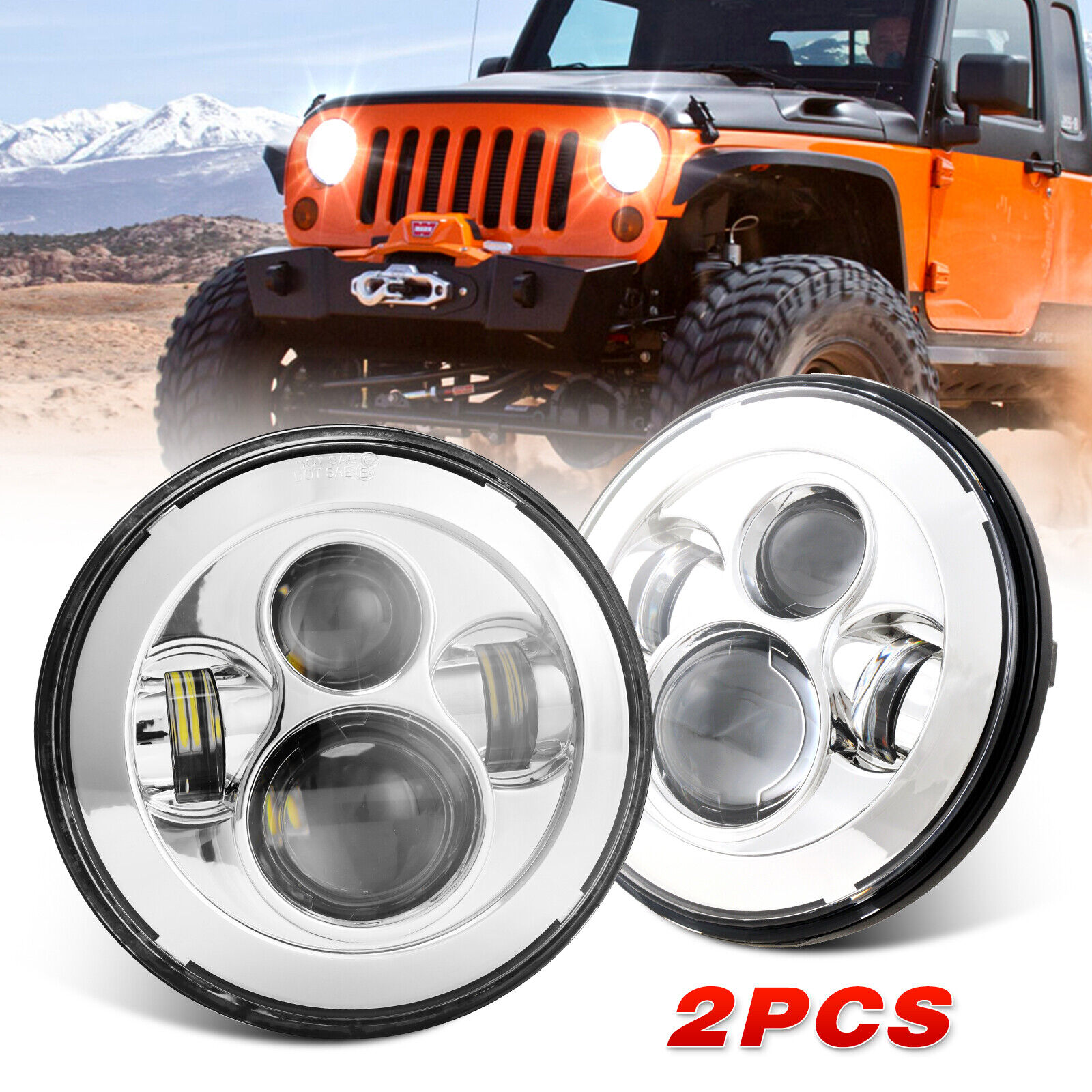 For Jeep Wrangler JK TJ CJ LJ Pair Chrome 7 inch Round LED Headlights Hi/Lo  Beam | eBay