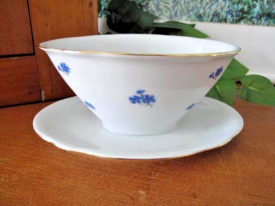 German Kahla Cornflower Blue Gravy with Attached Underplate ~ circa 1970's