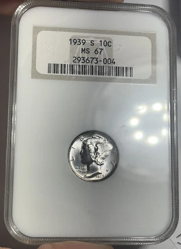 1939-S MERCURY SILVER DIME GRADED NGC MS67 OLD FATTY HOLDER