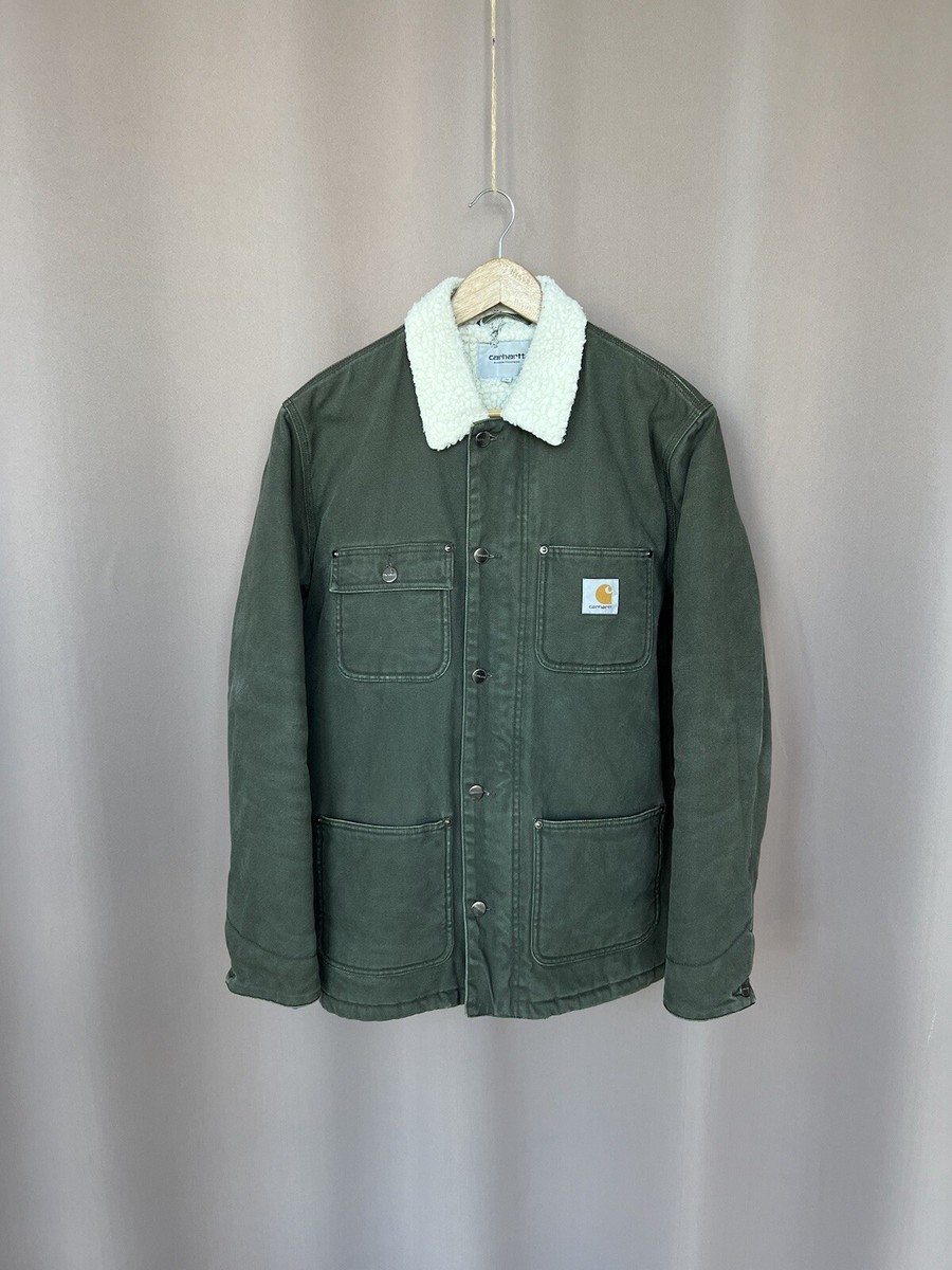 Carhartt Men's Denim Fairmount Coat Sherpa Lined Size M Green Vintage Button