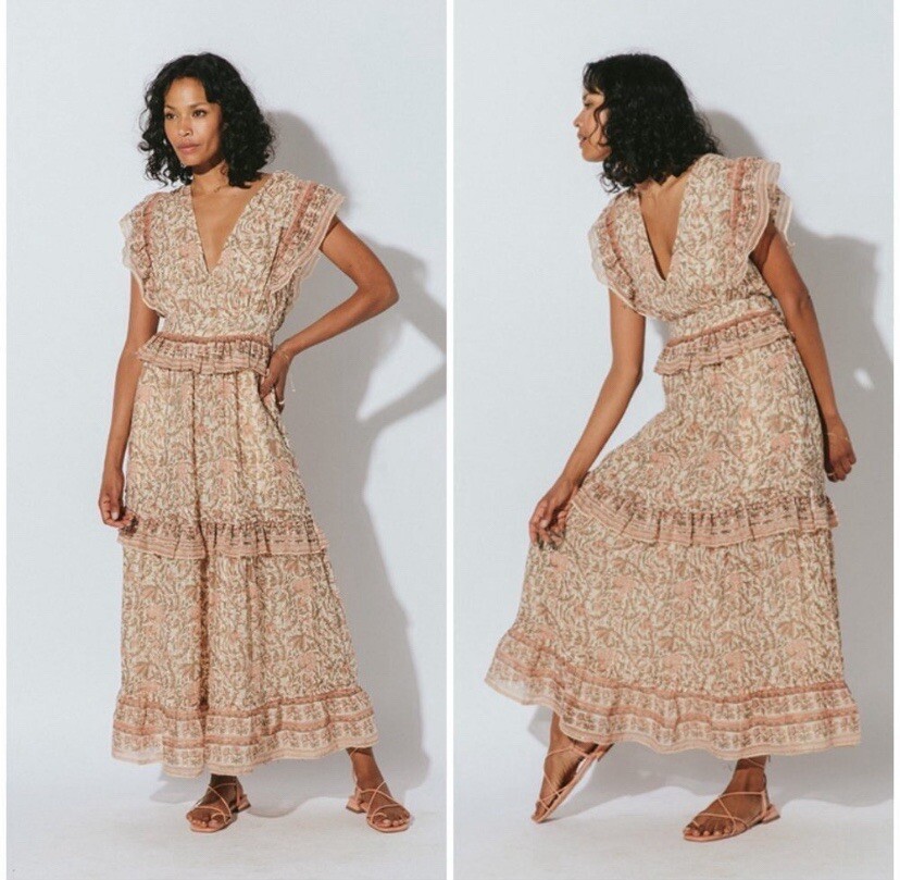 Vestido midi al tobillo de algodón orgánico Cleobella Cherie | Estampado Zinnia | Talla XS