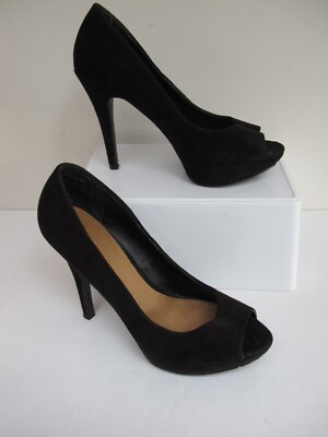 NEXT Black Suede Court Shoes Peep Toe Stiletto Heel VGC Size