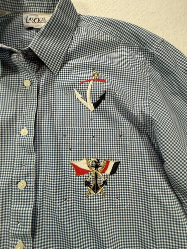 Las Olas womens blue plaid long sleeve button up shirt boat anchors size L - Picture 2 of 11