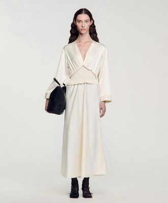 NWT Sandro Cream Midi Dress Size 36 Smocked Waist $495