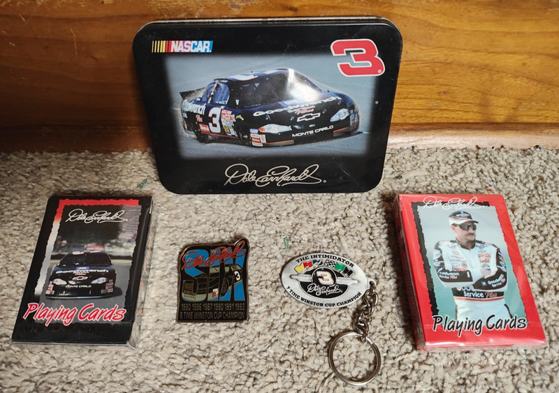 Dale Earnhardt Sr. Bundle – Tin, Playing Cards, Pin, & Key Chain