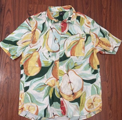 H&M Large Regular Fit Fruit Pear Print Short Sleeve Button Down Shirt Hawaiian