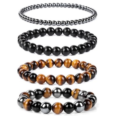 Natural Stone Beaded Bracelets: Tigers Eye, Obsidian, Hematite for Luck & Pro...