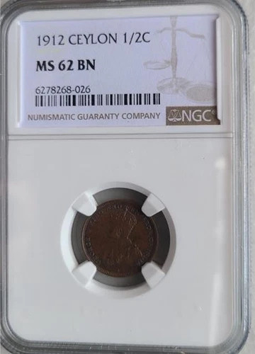 Ceylon 1/2 Cent 1912 NGC MS 62 BN
