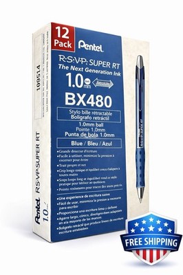 Pentel RSVP SUPER RT Blue Ink Ballpoint Pens 1.0mm Retractable 12 Pack BX480-C