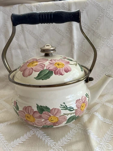 Franciscan Desert Rose Metal Tea Kettle Wood Handle Reproduction Enamel Taiwan