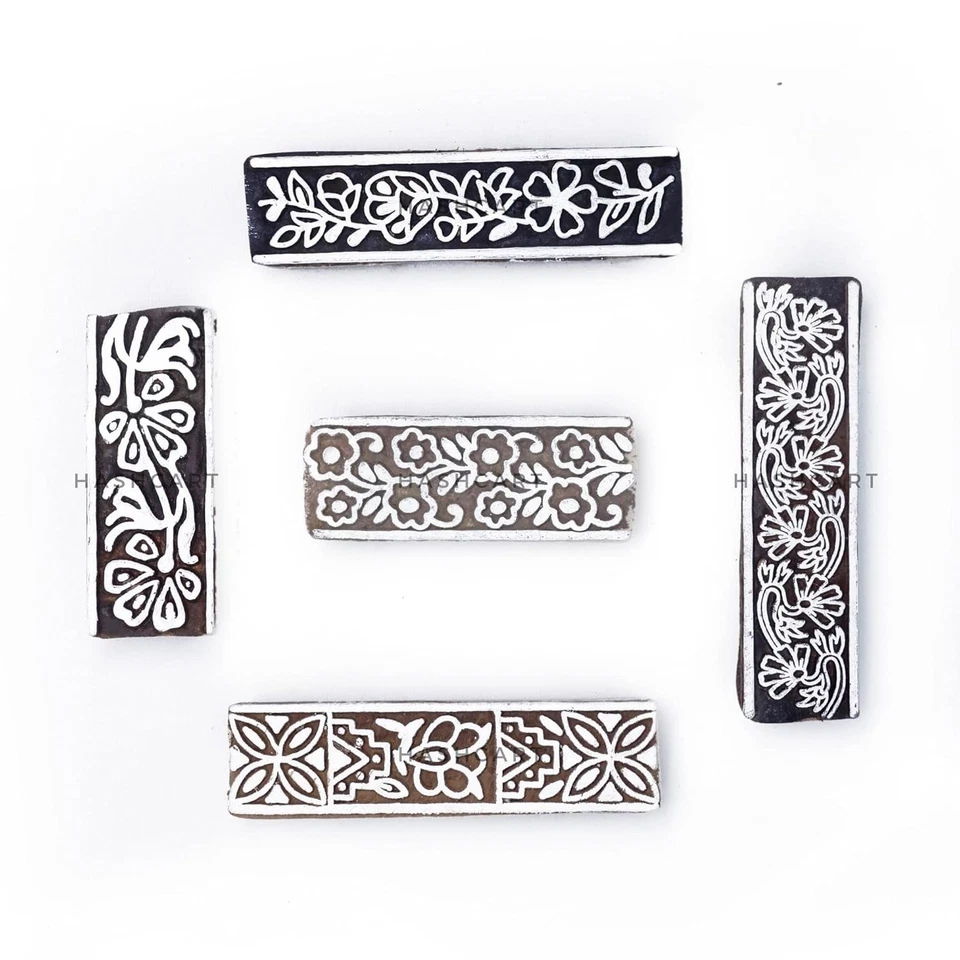 Set of 5 Hand Carved Wooden Border Shape Textile Printing Craft Block Stamp - Image 2 of 4