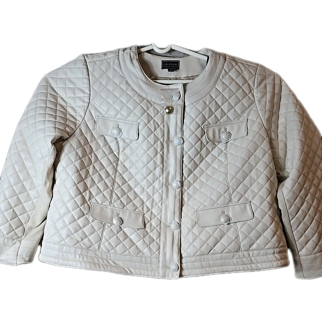 G by Giuliana Womens Faux Leather Quilted Jacket size 3X Beige Black Label NWOT