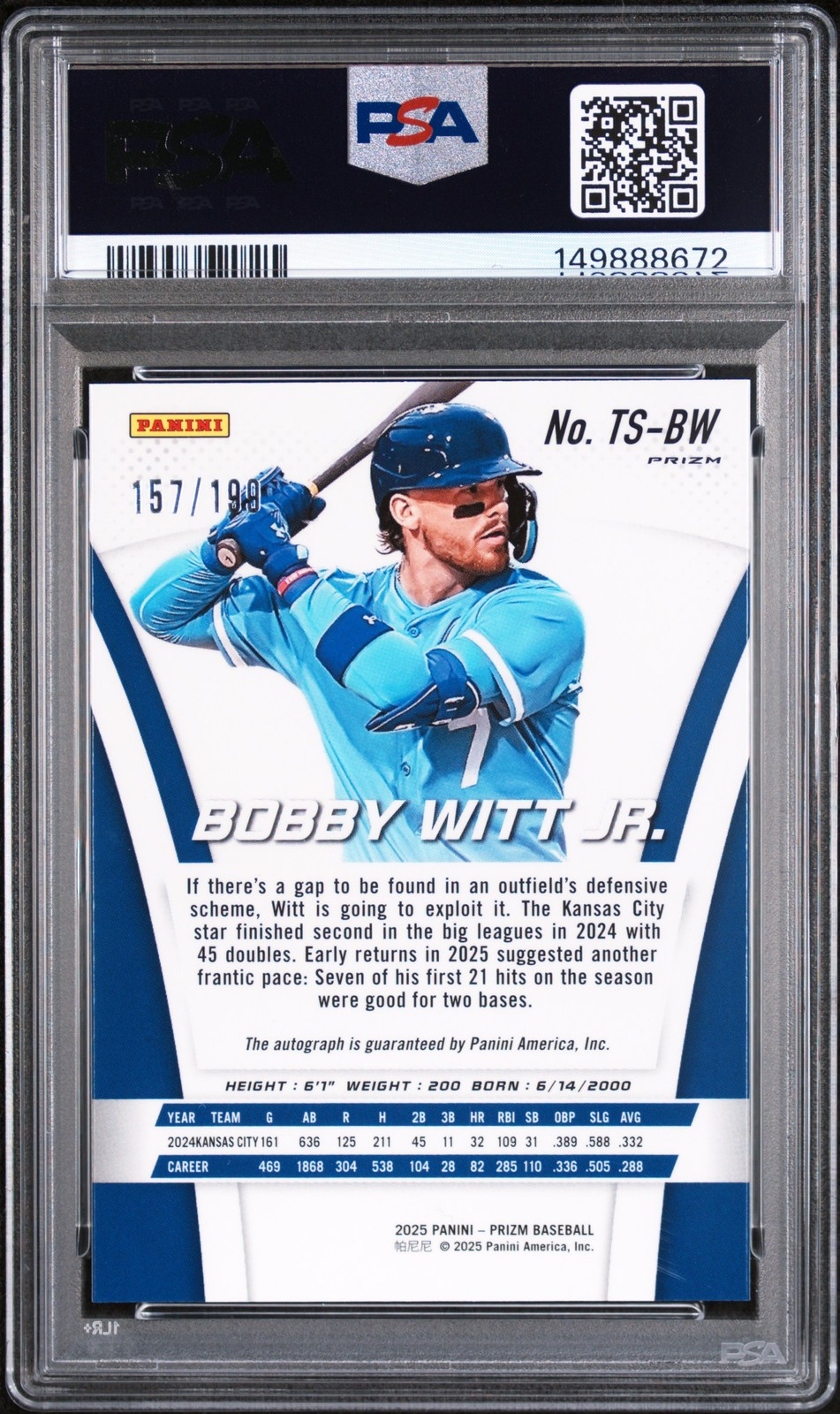 2025 PANINI PRIZM THROWBACK SIGNATURES PULSAR BOBBY WITT JR. 157/199 PSA 9 view 2