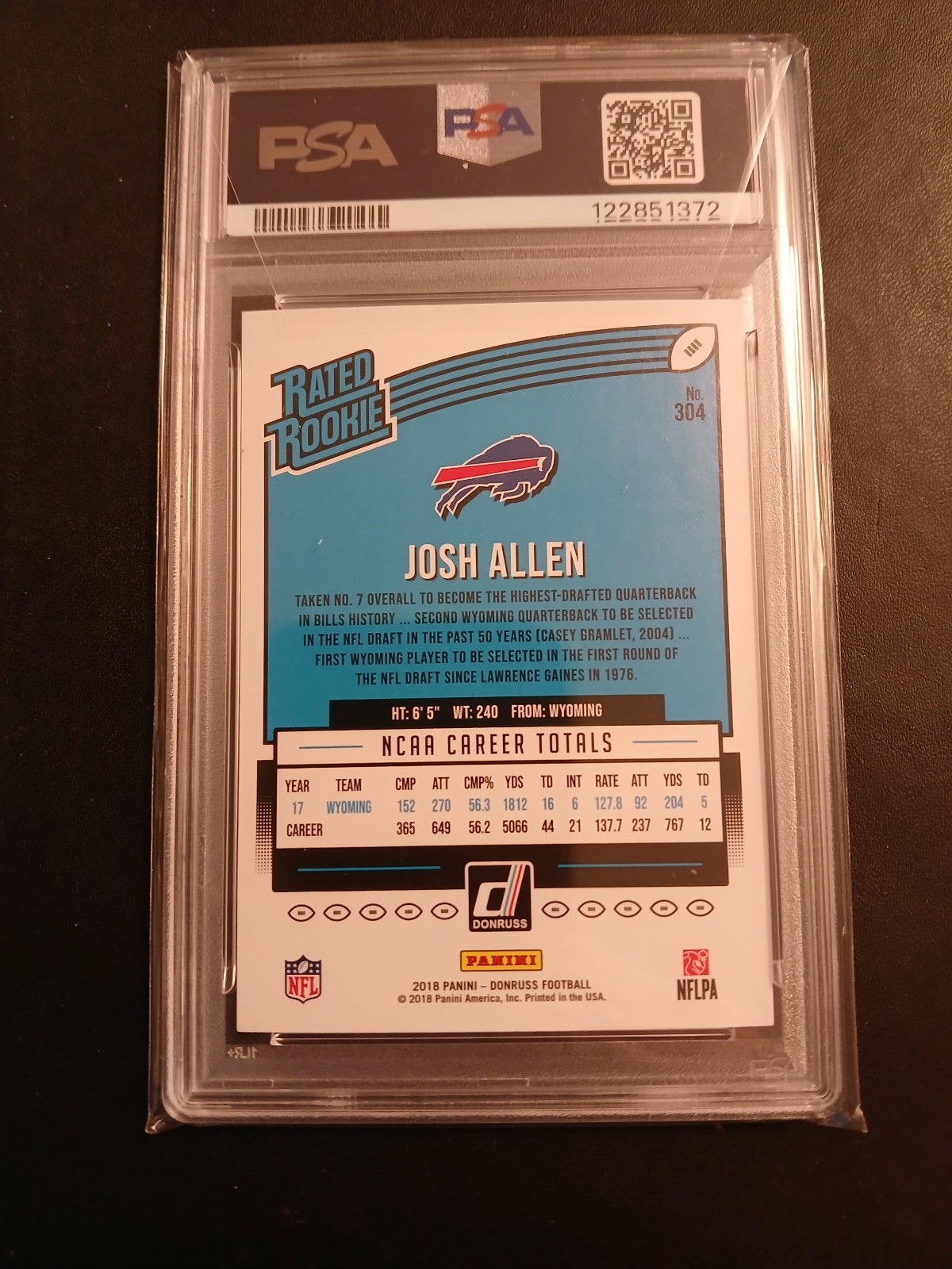 2018 Panini Donruss - Rated Rookie Josh Allen #304 Press Proof Blue PSA 8 view 3