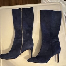 Nine West Women's Navy Blue Suede Knee High Pointed Toe Stiletto Zip Boots