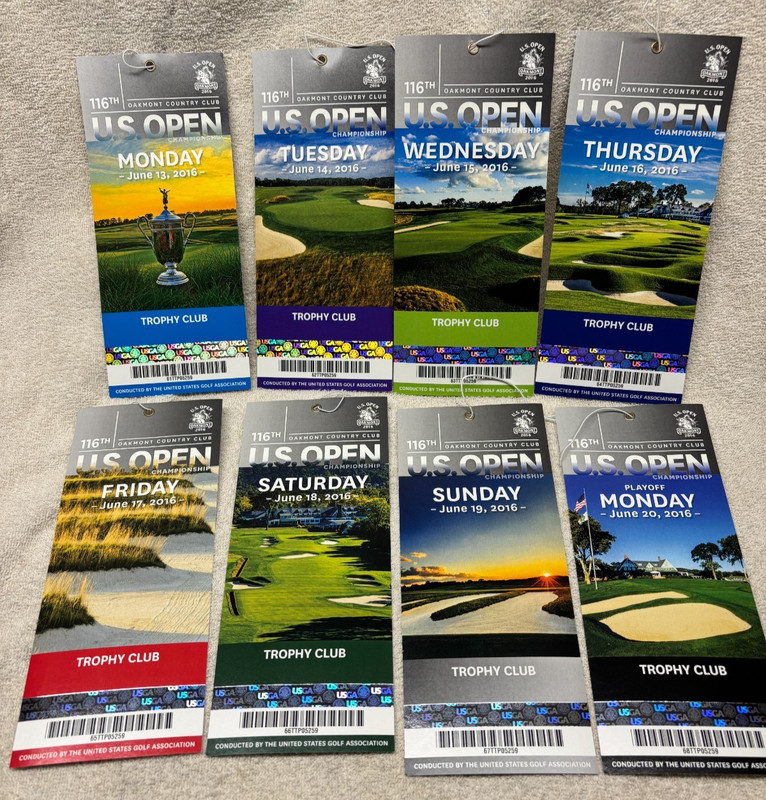 Lot of 8 daily US Golf Open Trophy Club tickets from 2016 Oakmont Country Club