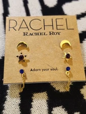 Rachel Roy Pierced Earrings Set Gold with Blue Stone