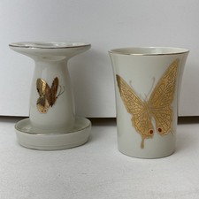 Vintage Takahashi Porcelain Gold Butterflies Bathroom Set Toothbrush Holder Cup