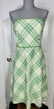 Ann Taylor Loft Green Blue Plaid Cotton Lined Strapless A-Line Dress 6